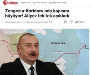 Prezident İlham Əliyevin Zəngəzur dəhlizi ilə bağlı fikirləri Türkiyə mediasının diqqət mərkəzindədir